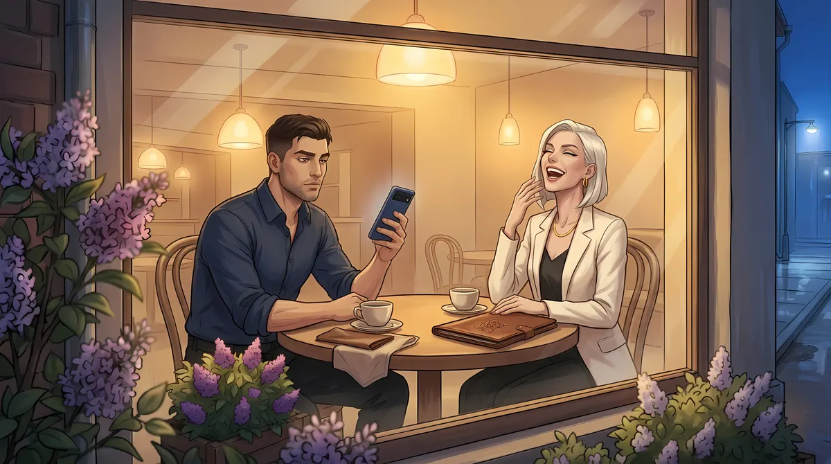 Max with a blonde woman in a café at night