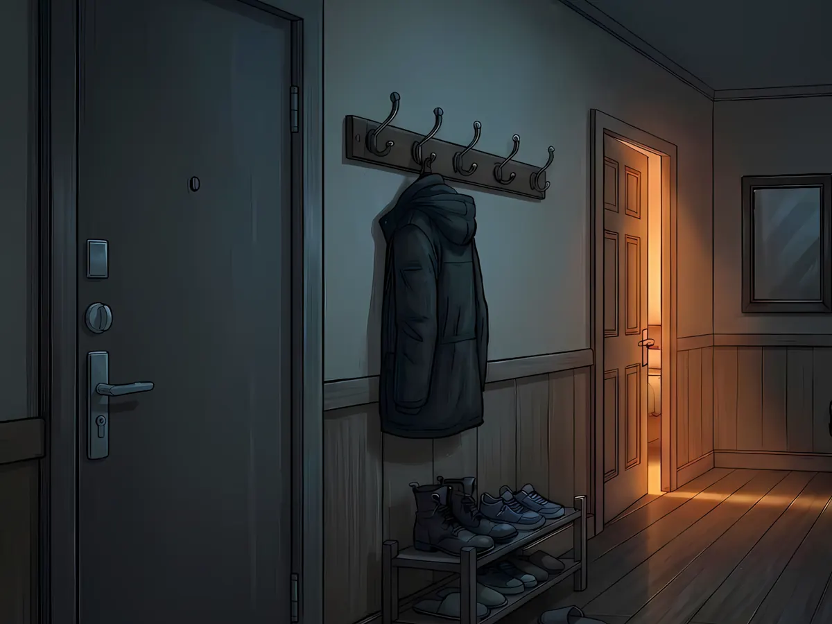 A dark hallway at night with a man's jacket hanging by the door